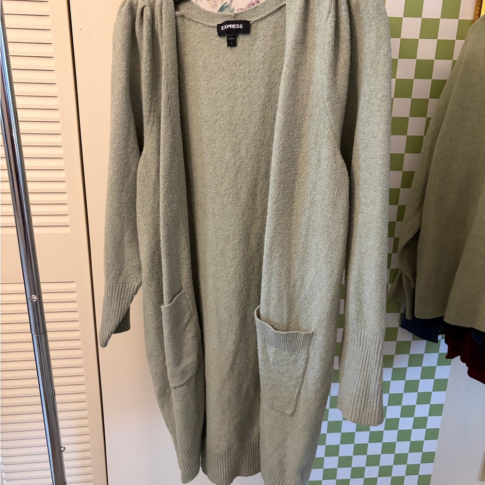 Express Light Sage Green Open-Front Pocket Cardigan